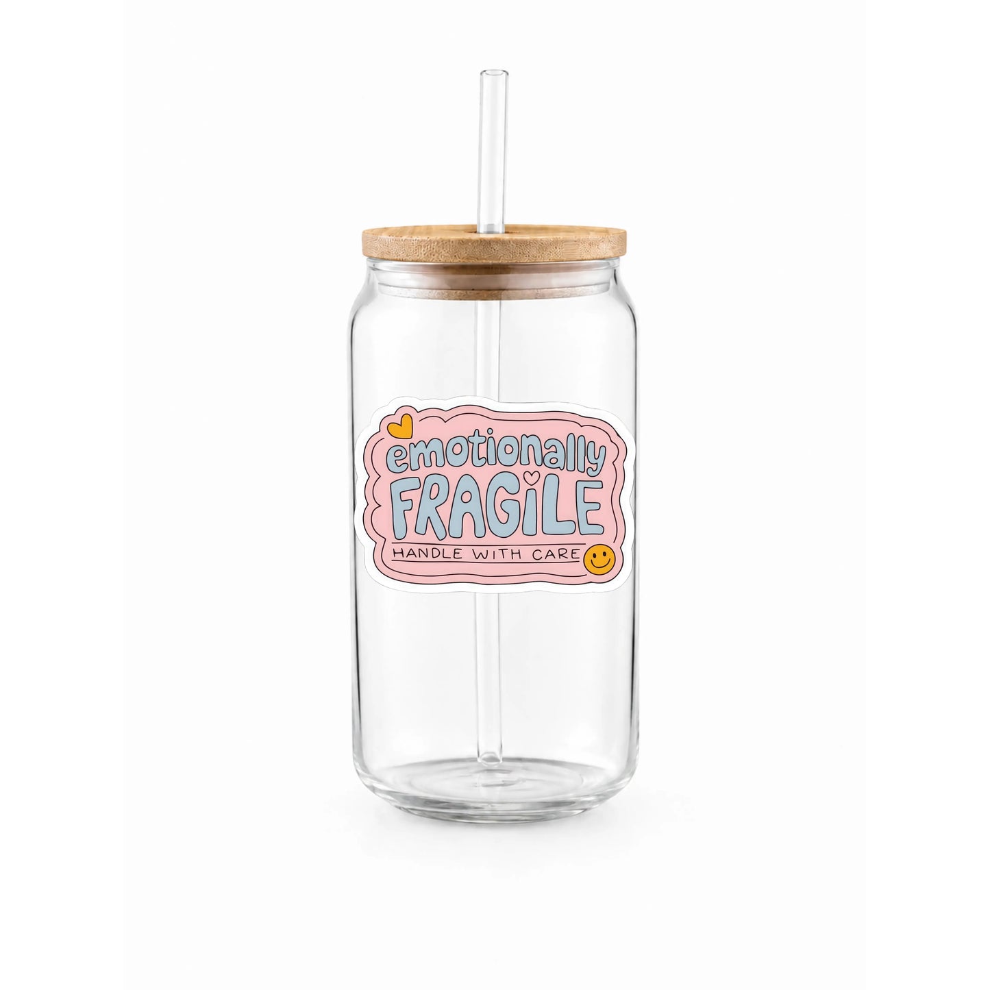“Emotionally Fragile” Printed Glass Tumbler with Bamboo Lid and Glass Straw