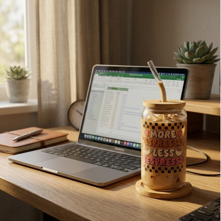"More Espresso less Despresso" printed Glass Tumbler with Bamboo lid and Glass straw