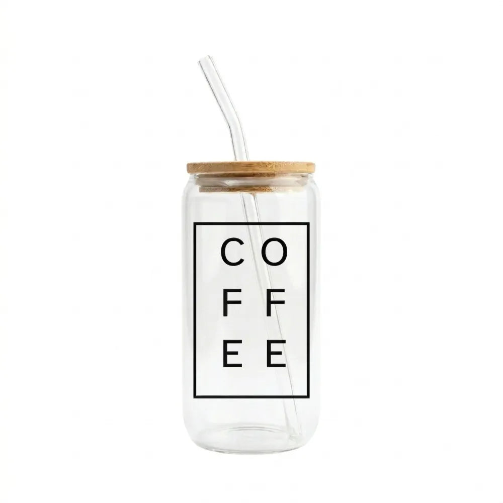 Coffee Printed Glass Tumbler with Bamboo Lid & Glass Straw