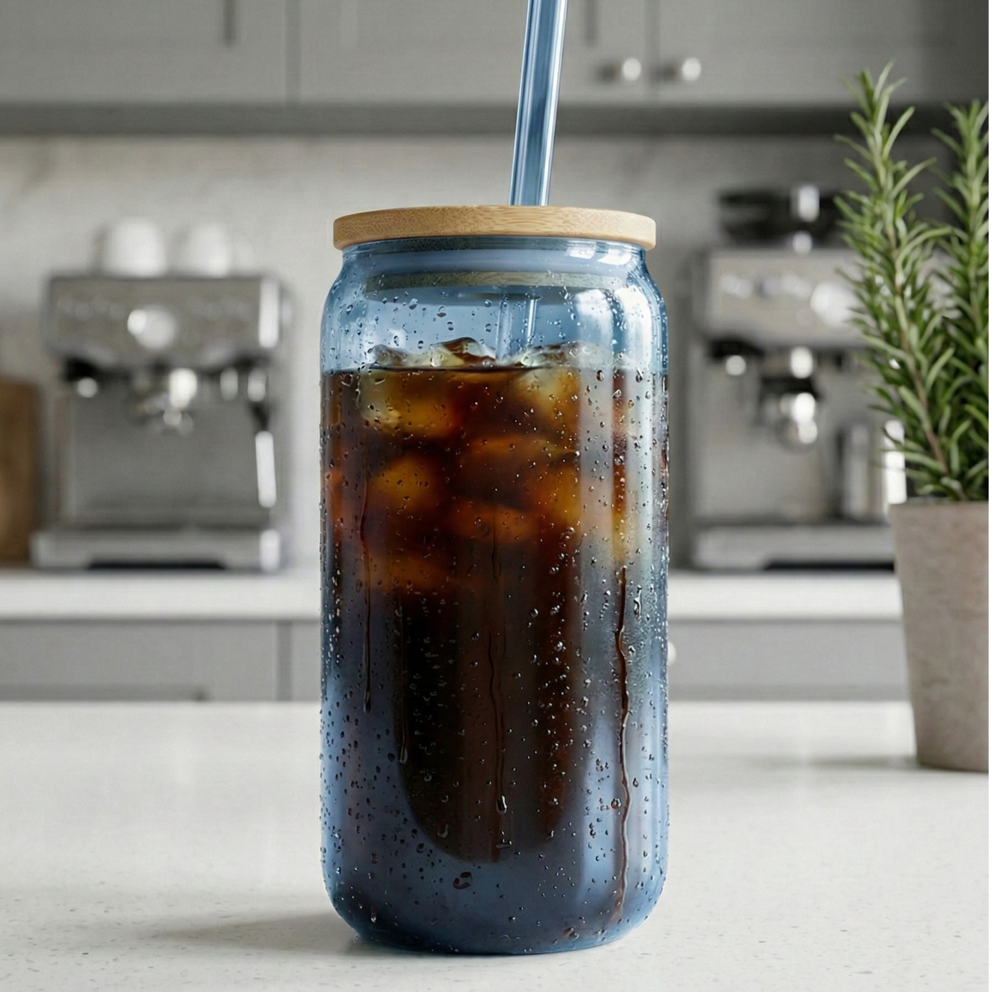 Blue shaded glass tumbler with a Bamboo lid and glass straw