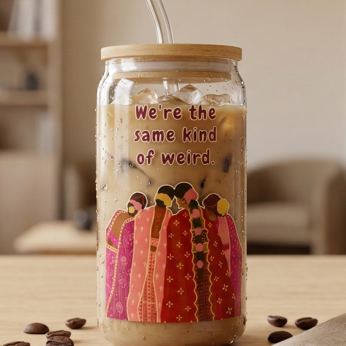 "We're the same kind of weird" Besties printed Glass Tumbler with Bamboo lid and Glass straw