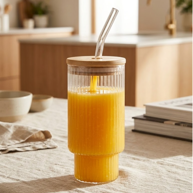 Glass tumbler with Bamboo lid and glass straw