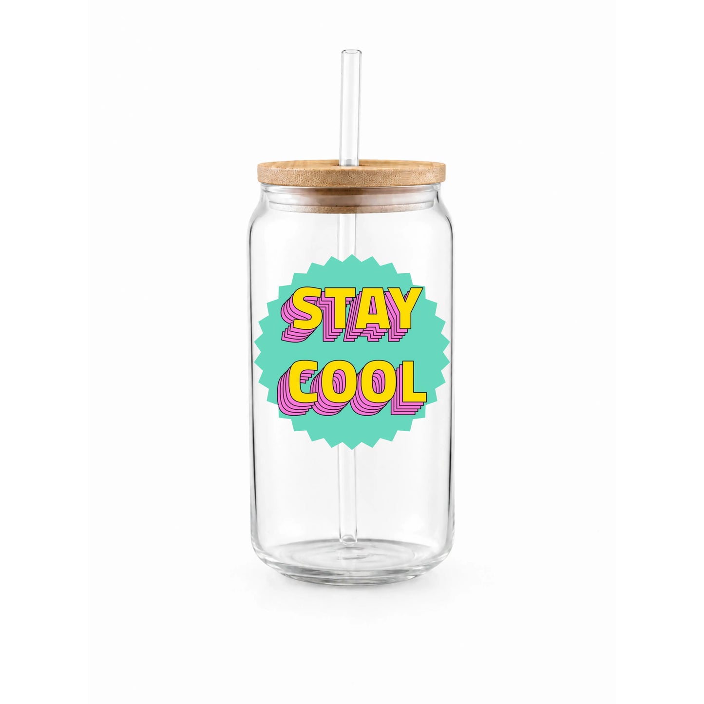 “Stay Cool” Printed Glass Tumbler with Bamboo Lid and Glass Straw