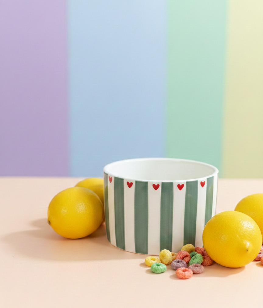 Striped Ceramic Bowl – White with Aqua Blue Stripes with Red hearts