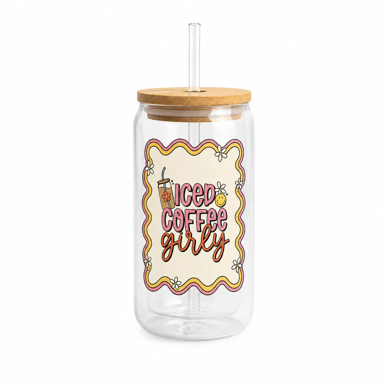 “Iced Coffee Girlie” Printed Glass Tumbler with Bamboo Lid and Glass Straw