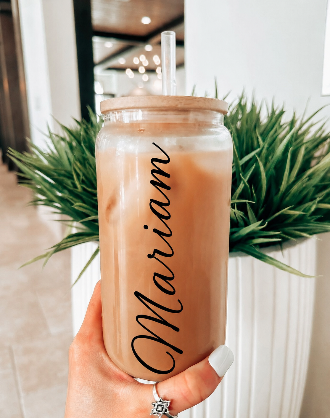Customized Glass Tumbler with Bamboo lid and Glass straw