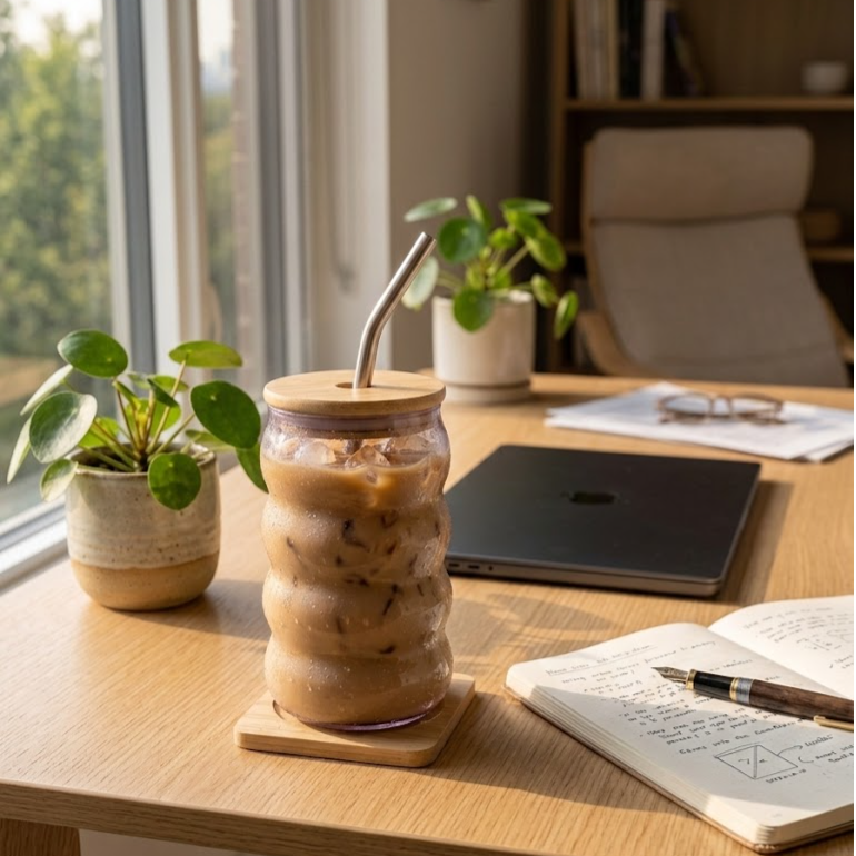 Grey Shaded Coffee Glass Tumbler with Bamboo Lid and Glass straw