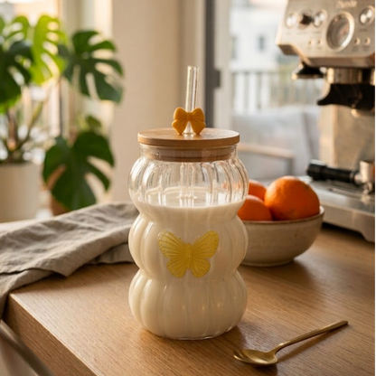 One Yellow Butterfly Glass Tumbler with Bamboo lid and Bow glass straw