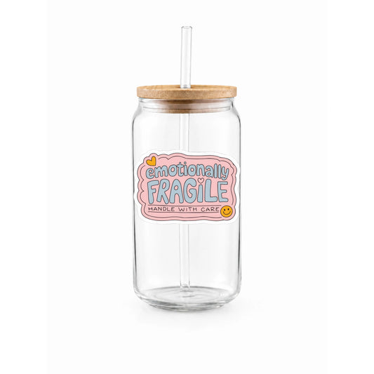 “Emotionally Fragile” Printed Glass Tumbler with Bamboo Lid and Glass Straw