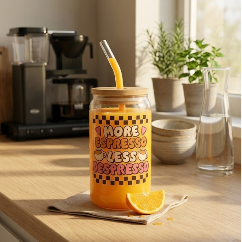 "More Espresso less Despresso"  printed Glass Tumbler with Bamboo lid and Glass straw