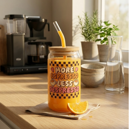 "More Espresso less Despresso"  printed Glass Tumbler with Bamboo lid and Glass straw