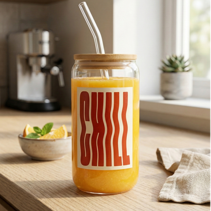 CHILL printed Glass Tumbler with Bamboo lid and Glass straw