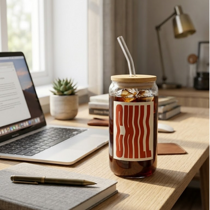 CHILL printed Glass Tumbler with Bamboo lid and Glass straw