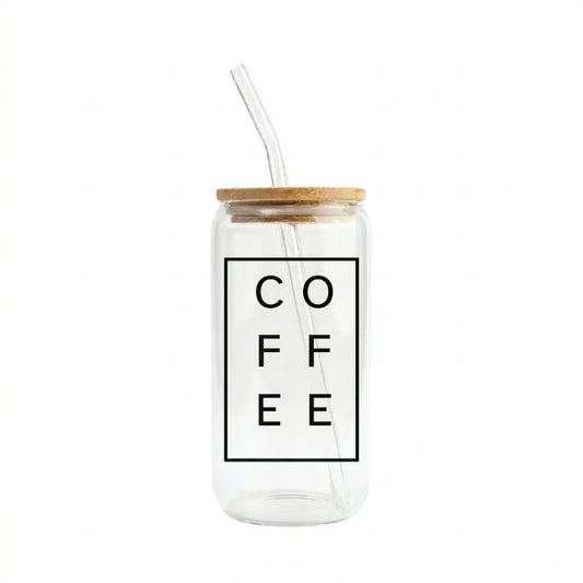 Coffee Printed Glass Tumbler with Bamboo Lid & Glass Straw