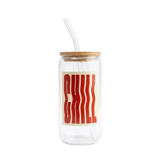 CHILL printed Glass Tumbler with Bamboo lid and Glass straw