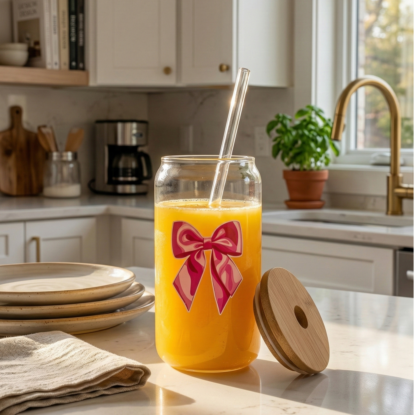 Pink Bow printed Glass Tumbler with Bamboo lid and Glass straw
