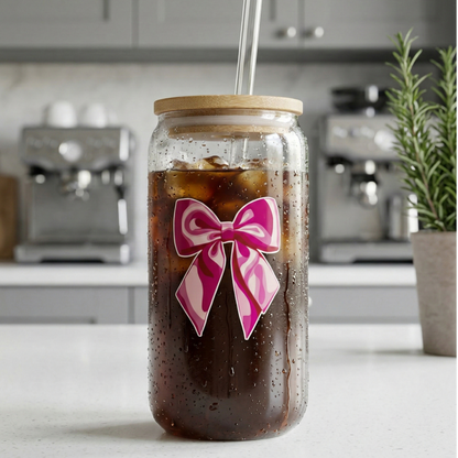 Pink Bow printed Glass Tumbler with Bamboo lid and Glass straw