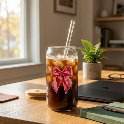 Pink Bow printed Glass Tumbler with Bamboo lid and Glass straw