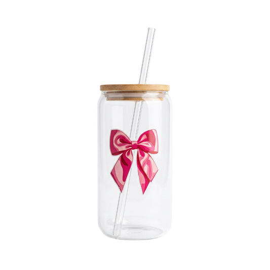 Pink Bow printed Glass Tumbler with Bamboo lid and Glass straw