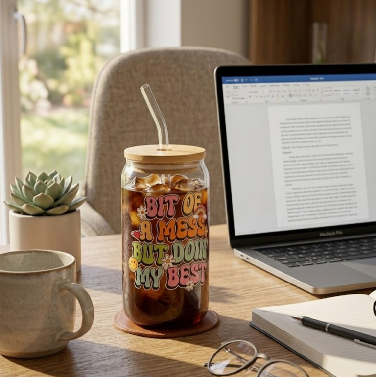 "Bit of a mess but doin my Best" printed Glass Tumbler with Bamboo lid and Glass straw