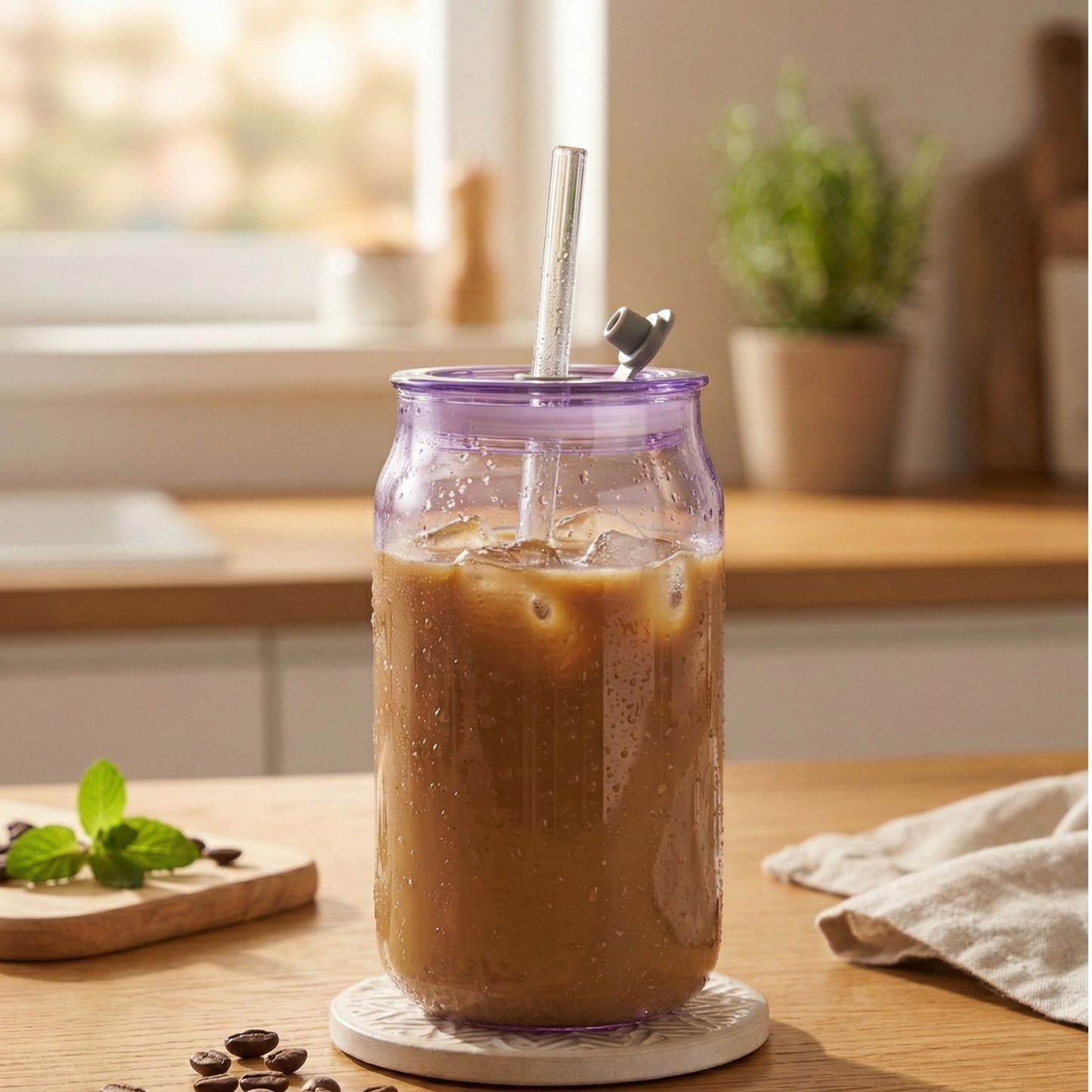 Purple shaded glass tumbler with Acrylic lid and glass straw