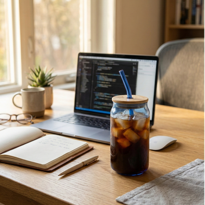 Blue shaded glass tumbler with a Bamboo lid and glass straw