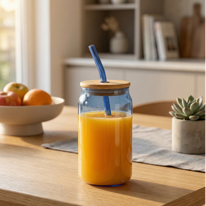 Blue shaded glass tumbler with a Bamboo lid and glass straw