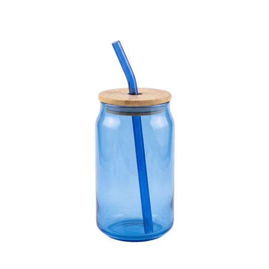 Blue shaded glass tumbler with a Bamboo lid and glass straw