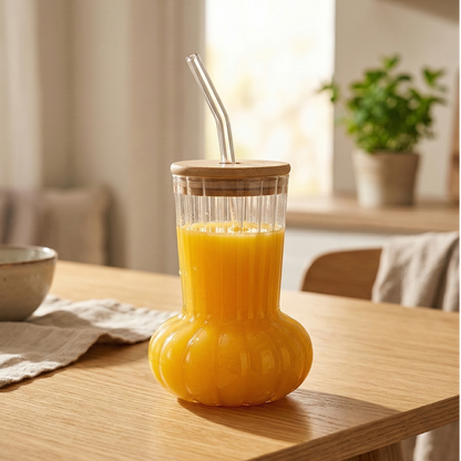 Glass tumbler with Bamboo lid and glass straw