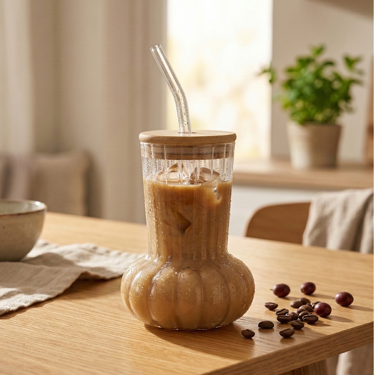 Glass tumbler with Bamboo lid and glass straw