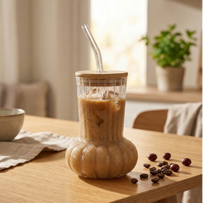 Glass tumbler with Bamboo lid and glass straw