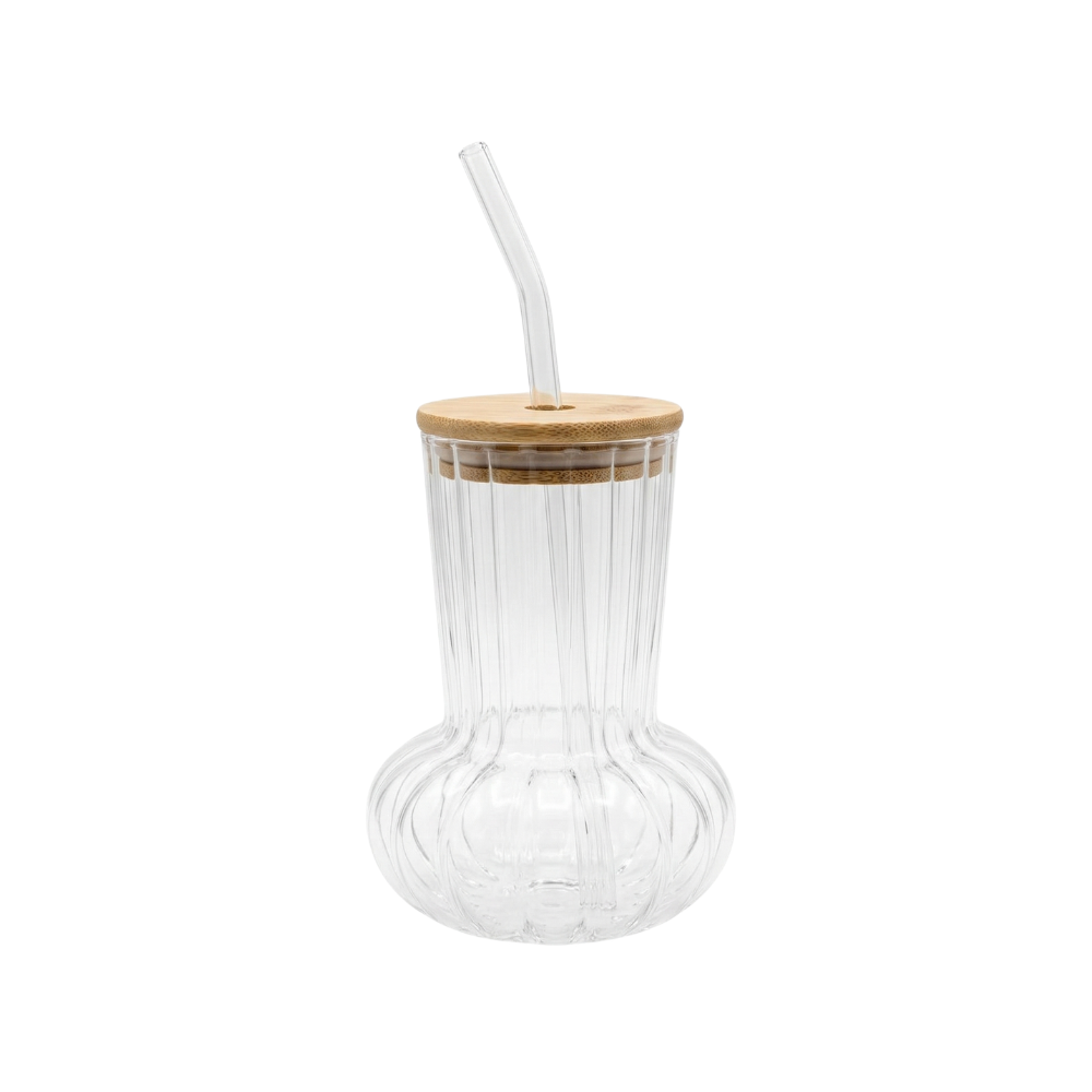 Glass tumbler with Bamboo lid and glass straw