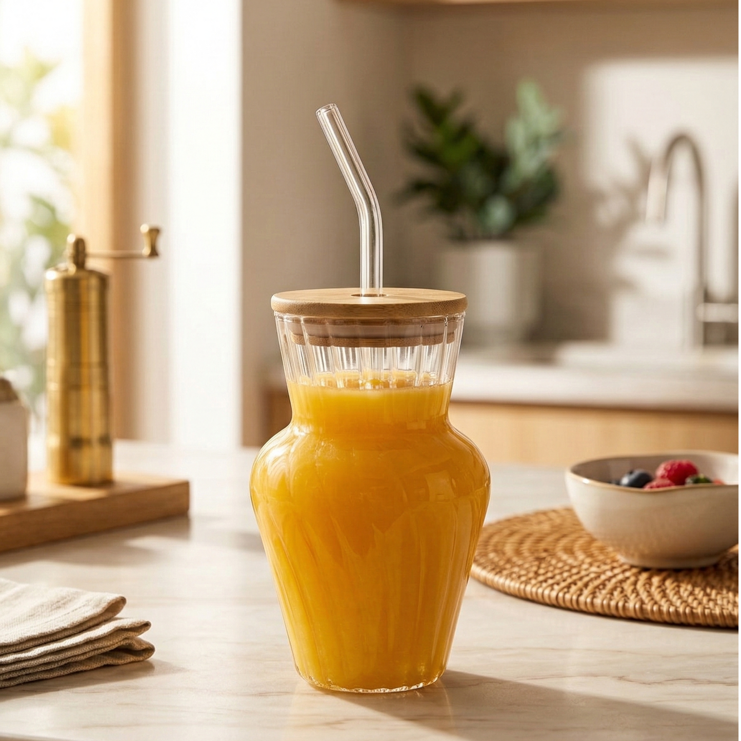 Glass tumbler with Bamboo lid and glass straw