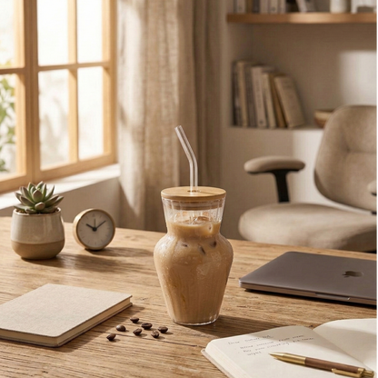 Glass tumbler with Bamboo lid and glass straw