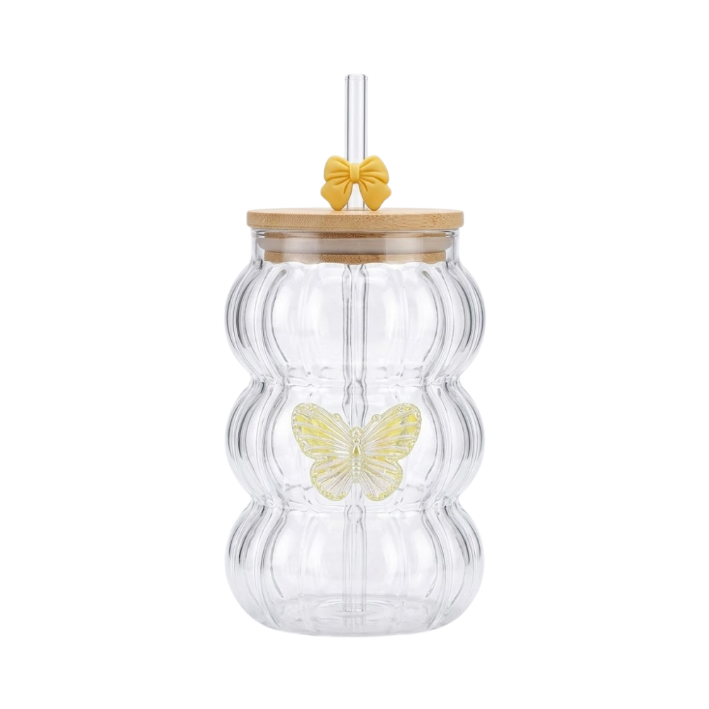 One Yellow Butterfly Glass Tumbler with Bamboo lid and Bow glass straw