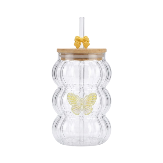 One Yellow Butterfly Glass Tumbler with Bamboo lid and Bow glass straw