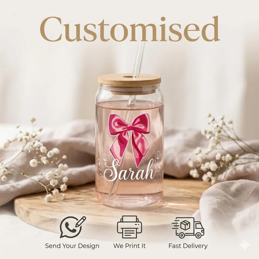 Customized Glass Tumbler with Bamboo lid and Glass straw