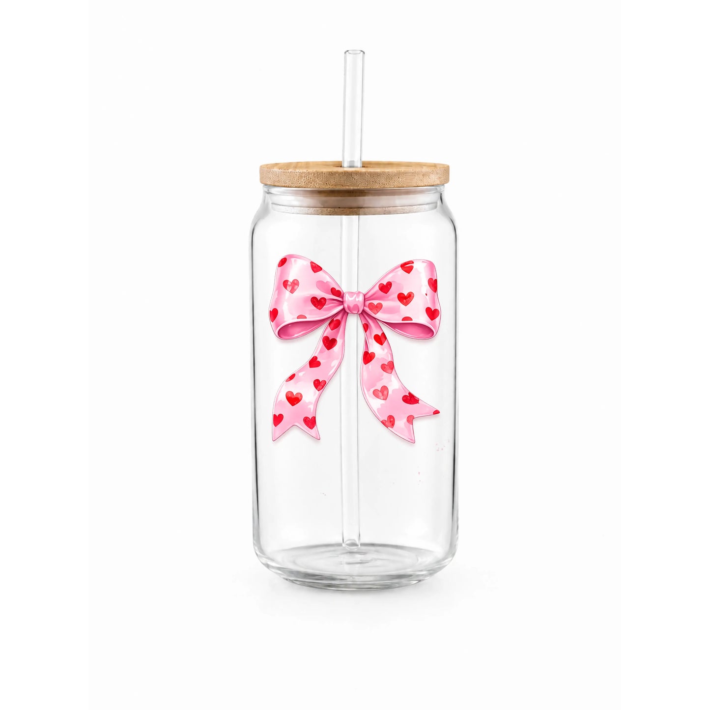 “Cherry Bow” Printed Glass Tumbler with Bamboo Lid and Glass Straw
