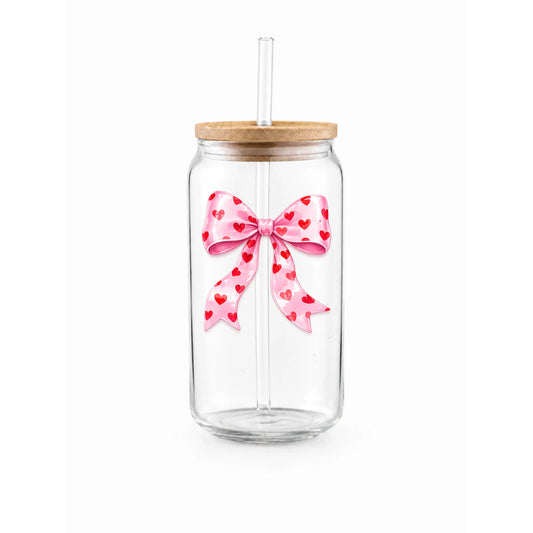 “Cherry Bow” Printed Glass Tumbler with Bamboo Lid and Glass Straw