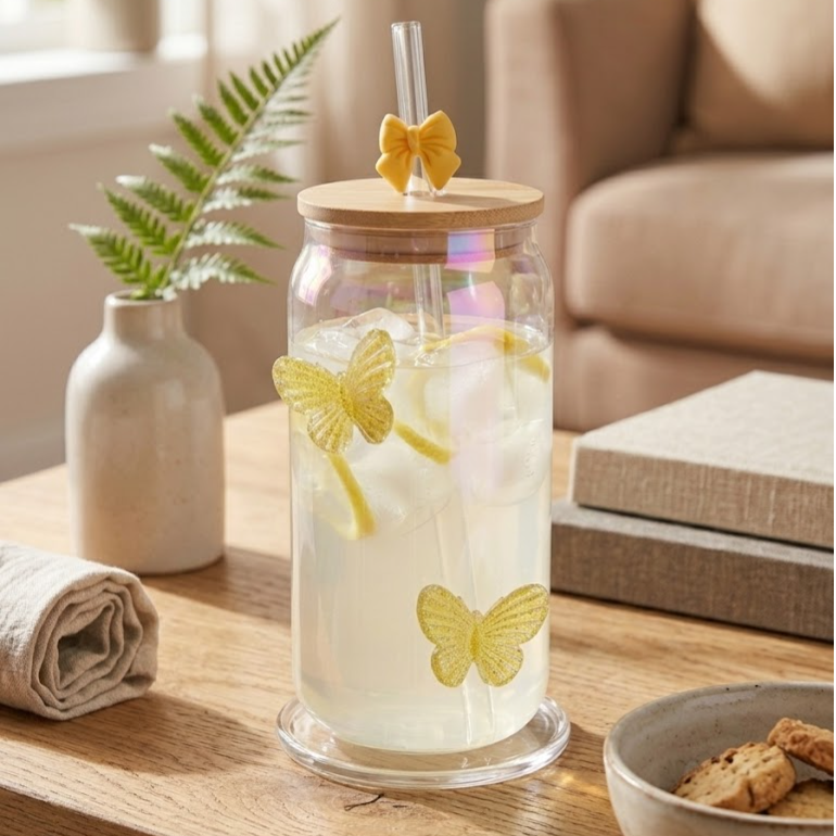 Two Yellow Butterflies Glass Tumbler with Bamboo lid and Bow glass straw