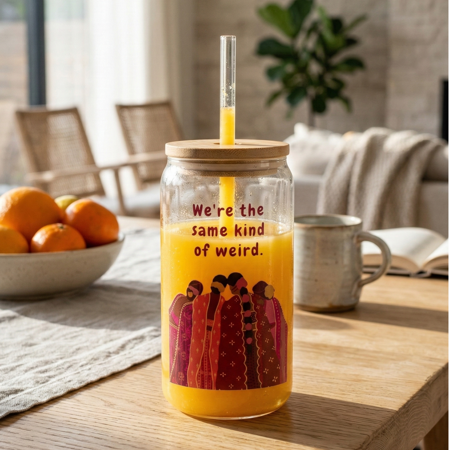 "We're the same kind of weird" Besties printed Glass Tumbler with Bamboo lid and Glass straw