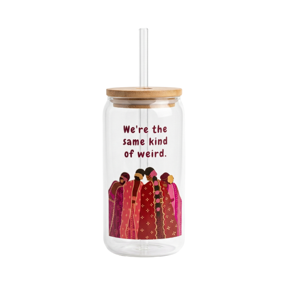 "We're the same kind of weird" Besties printed Glass Tumbler with Bamboo lid and Glass straw
