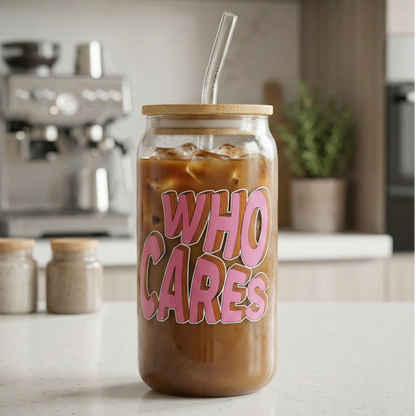 WHO CARES printed Glass Tumbler with Bamboo lid and Glass straw
