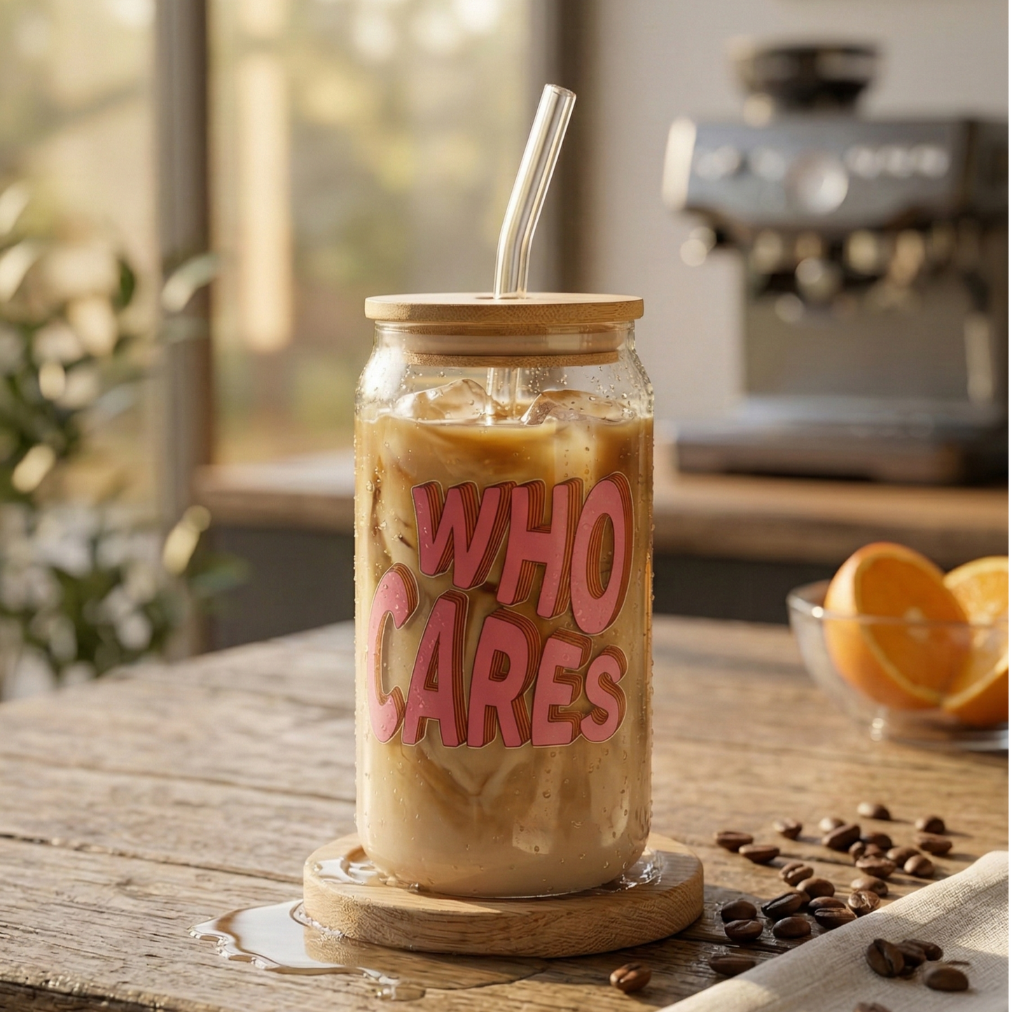WHO CARES printed Glass Tumbler with Bamboo lid and Glass straw