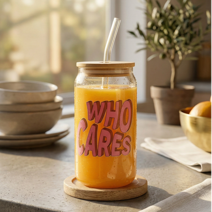 WHO CARES printed Glass Tumbler with Bamboo lid and Glass straw