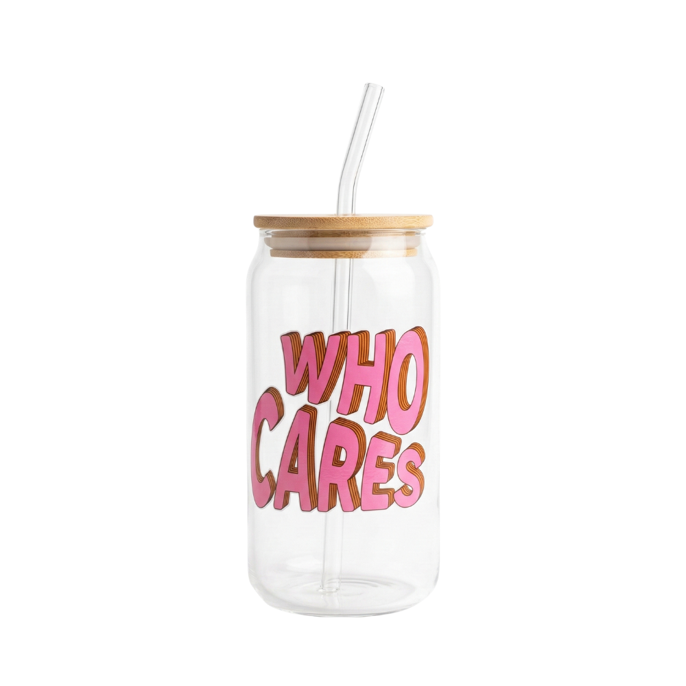 WHO CARES printed Glass Tumbler with Bamboo lid and Glass straw