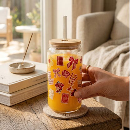 Sweet Charms printed Glass Tumbler with Bamboo lid and Glass straw