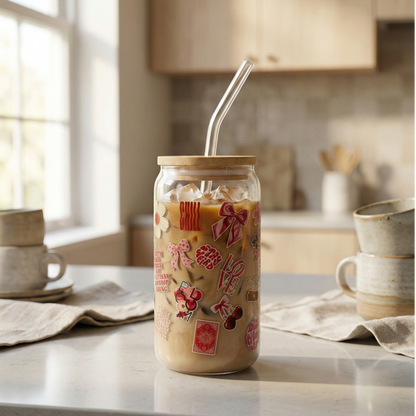 Sweet Charms printed Glass Tumbler with Bamboo lid and Glass straw