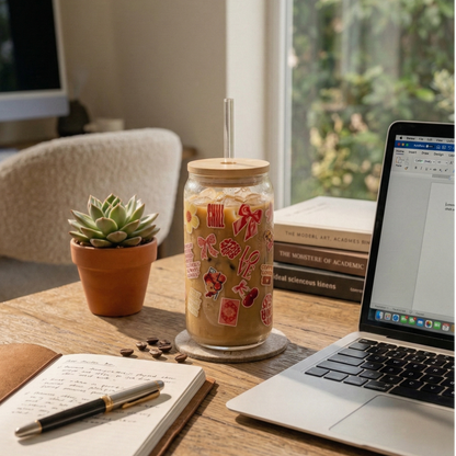 Sweet Charms printed Glass Tumbler with Bamboo lid and Glass straw
