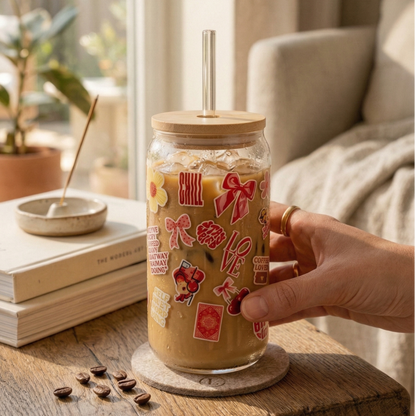 Sweet Charms printed Glass Tumbler with Bamboo lid and Glass straw